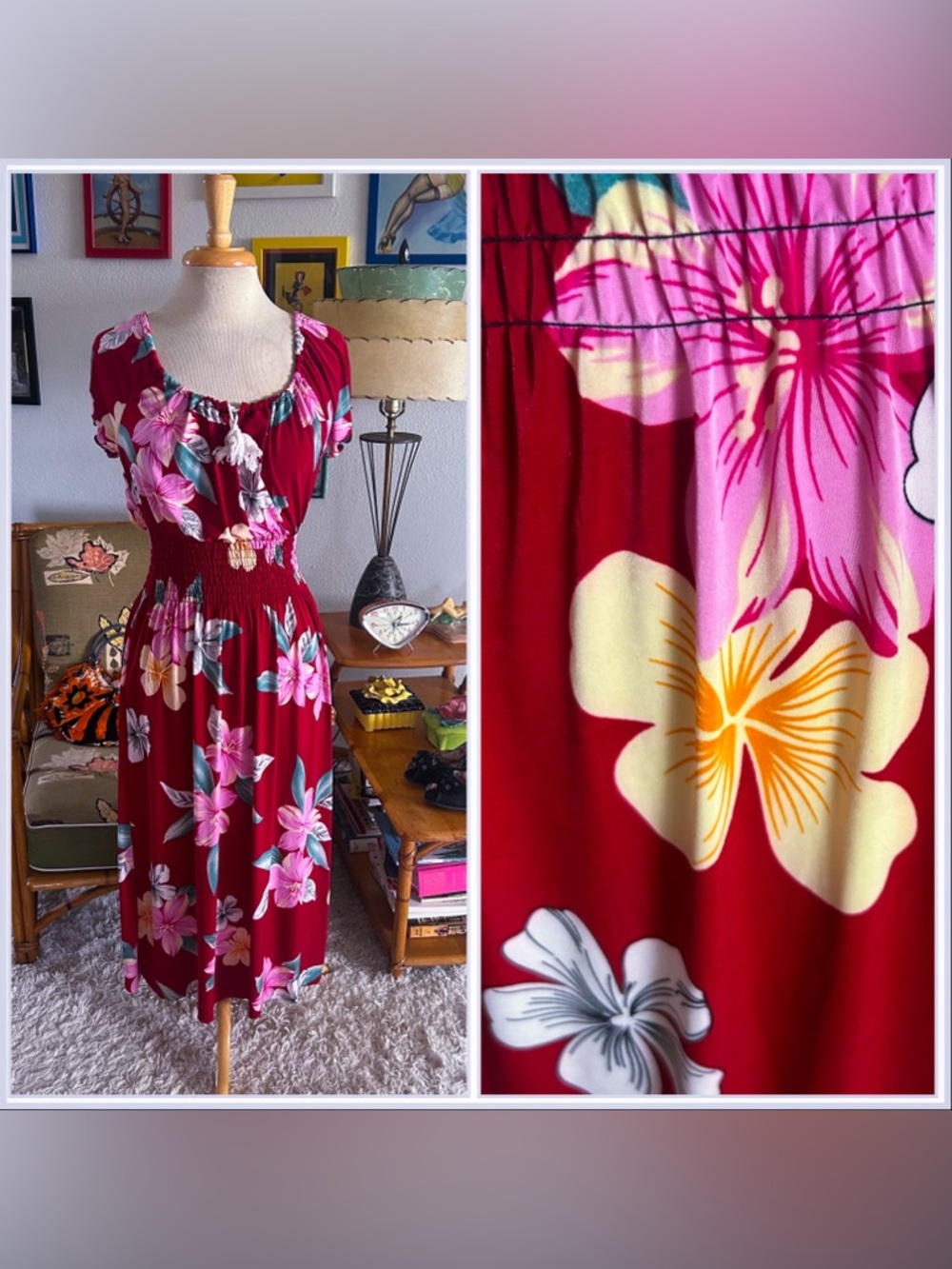 Retro Dress | 1940s Style | Tropical Floral | Dark Red Multi | M L | Resort
